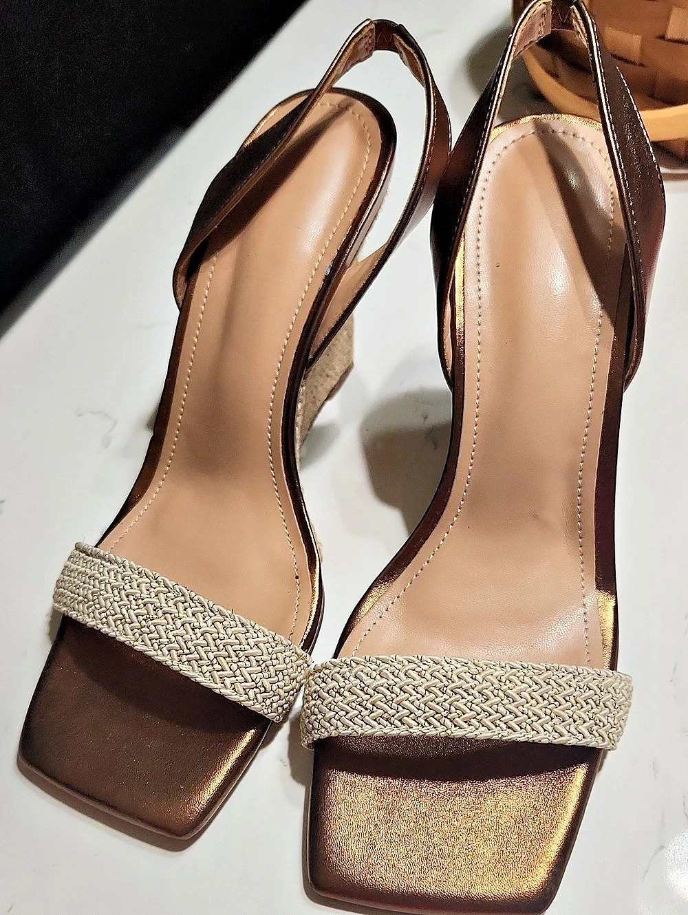 Brown & Gold Wedge Sandals. Size 9